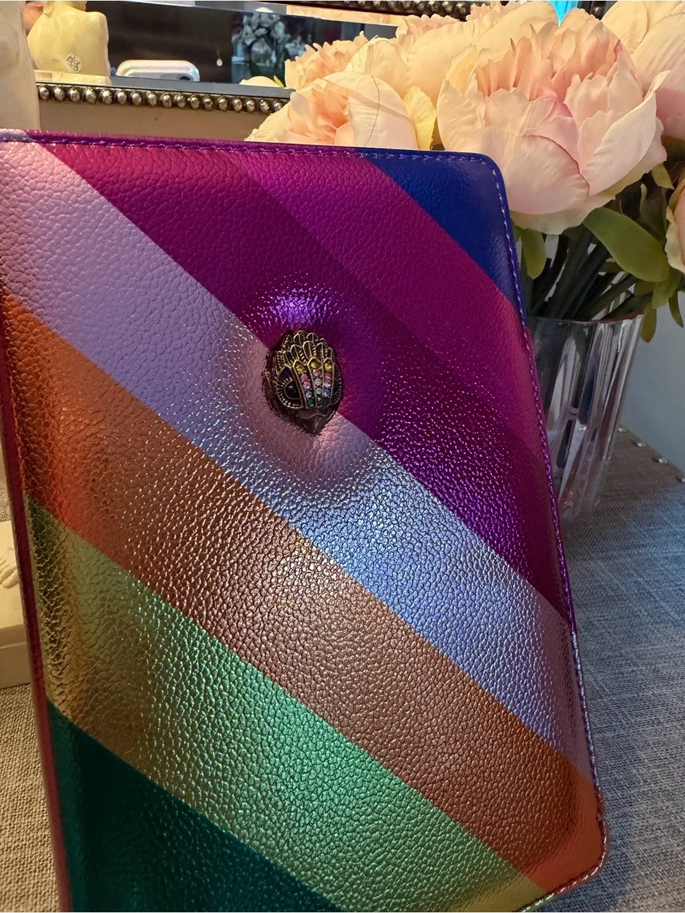 Rainbow Striped Leather Notebook Cover with Gold Crest Accent